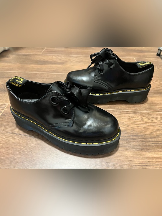 Dr. Martens Shoes - Dr. Martens Holly Black Leather Platform Oxfords with Yellow Stitching